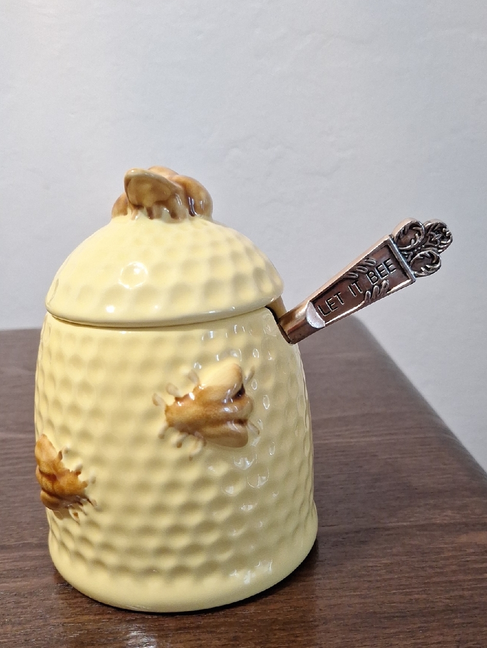 Creative Co-Op Yellow Beehive Ceramic Honey Jar with Wooden Dipper 6"x4" - Picture 3 of 5